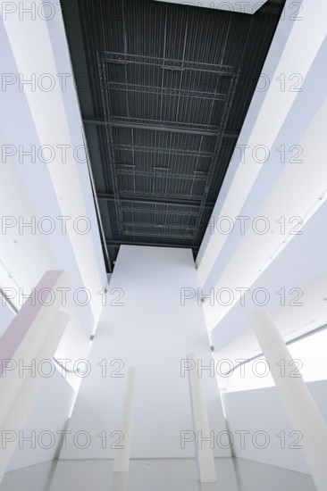 Modern architecture with minimalistic columns and white walls in geometric design, Open Horizons exhibition, Schauwerk Sindelfingen, Böblingen district, Germany