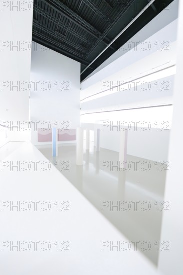 White room with various structural elements and minimal decor, Open Horizons exhibition, Schauwerk Sindelfingen, BÃ¶blingen district, Germany