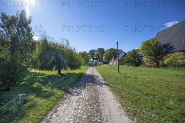 Old road to the manor house, on the right the horse stable and barn from 1923, Gut Othenstorf, Mecklenburg-Western Pomerania, Germany
