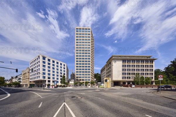 Commercial building, building, high-rise building, general architecture, residential tower, Hessian Ministry of Labour, Integration, Youth and Social Affairs, Apartment Hotel Adina Hotels, lanes, street, trees, blue sky, altocumulus clouds, cirrus clouds, intersection between TaunusstraÃŸe, Cansteinsberg, Sonnenberger StraÃŸe and WilhelmstraÃŸe, Wiesbaden, state capital, district-free city, Hesse, Germany
