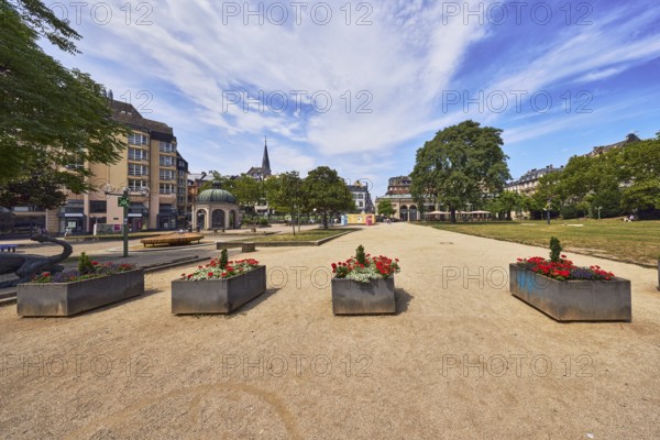 Park, trees, flower pots, plants, lawn, paths, pavilion, general architecture, church tower, blue sky, cumulus clouds, cirrus clouds, Kochbrunnenplatz, Wiesbaden, state capital, district-free city, Hesse, Germany