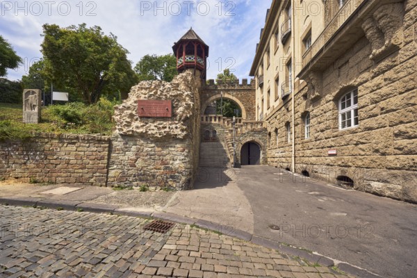 City fortification, historic city wall Römertor, historicizing city gate Heidenmauer, building, faÃ§ade with downpipe and windows, sandstone wall, trees, meadow, blue sky, cumulus clouds, milky blue sky, street Am Römertor, Wiesbaden, state capital, district-free city, Hesse, Germany