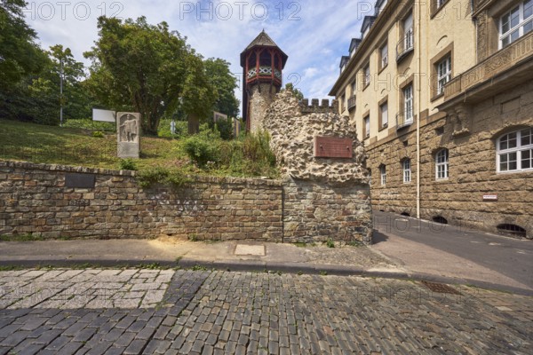 City fortification, historic city wall Heidenmauer, historic building, house, downpipe, faÃ§ade with windows, sandstone wall, trees, meadow, blue sky, cumulus clouds, milky blue sky, street Am Römertor, Wiesbaden, state capital, district-free city, Hesse, Germany