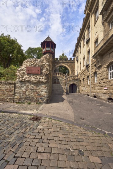 City fortification, historic city wall Römertor, historicizing city gate Heidenmauer, building, faÃ§ade with downpipe and windows, sandstone wall, trees, meadow, blue sky, cumulus clouds, milky blue sky, street Am Römertor, Wiesbaden, state capital, district-free city, Hesse, Germany