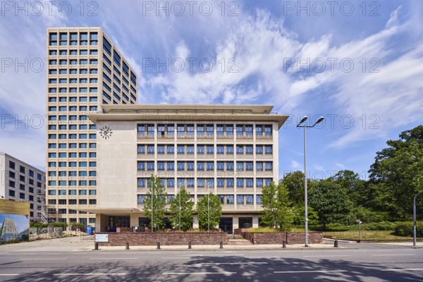Hessian Ministry of Labour, Integration, Youth and Social Affairs, building, high-rise building, modern architecture, residential tower, trees, blue sky, cirrus clouds, cirrostratus clouds, cumulus clouds, Sonnenberger StraÃŸe, Wiesbaden, state capital, district-free city, Hesse, Germany
