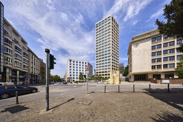 Commercial building, building, high-rise building, general architecture, residential tower, Hessian Ministry of Labor, Integration, Youth and Social Affairs, Apartment Hotel Adina Hotels, lanes, trees, barrier bollards, traffic light, car, vehicles, blue sky, altocumulus clouds, cirrus clouds, intersection between TaunusstraÃŸe, Cansteinsberg, Sonnenberger StraÃŸe and WilhelmstraÃŸe, Wiesbaden, state capital, district-free City, Hesse, Germany