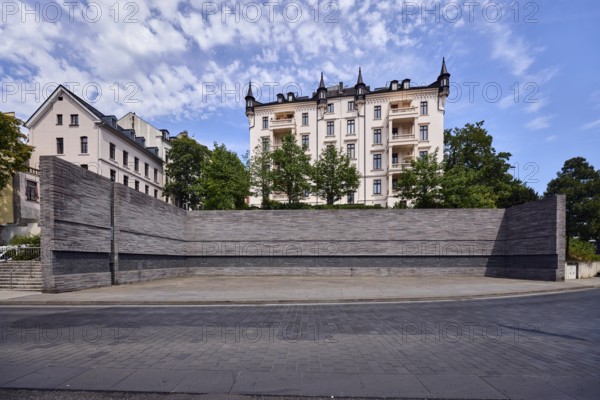 Memorial to the murdered Wiesbaden Jews, memorial, historical event, street made of concrete paving stones, residential buildings, trees, blue sky, altocumulus clouds, CoulinstraÃŸe, Wiesbaden, state capital, district-free city, Hesse, Germany