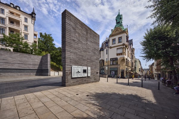 Memorial to the Murdered Wiesbaden Jews, Memorial, Historic Event, Pedestrian Zone, Historic Residential and Commercial Buildings, Barrier Bollards, Shopping, Pedestrians as Accessories, Blue Sky, Altocumulus Clouds, CoulinstraÃŸe and Michelsberg Streets, Wiesbaden, State Capital, Independent City, Hesse, Germany