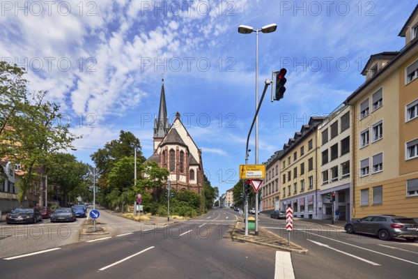 Street, Old Catholic Church of Peace, lantern, traffic lights, cars, vehicles, trees, blue sky, altocumulus clouds, cirrus clouds, road fork Platter StraÃŸe and Schwalbacher StraÃŸe, Wiesbaden, state capital, district-free city, Hesse, Germany