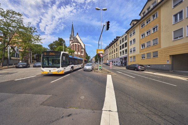 Street, church Alt-Katholische Friedenskirche, lantern, traffic lights, public transport, cars, vehicles, trees, blue sky, altocumulus clouds, cirrus clouds, road fork Platter StraÃŸe and Schwalbacher StraÃŸe, Wiesbaden, state capital, district-free city, Hesse, Germany
