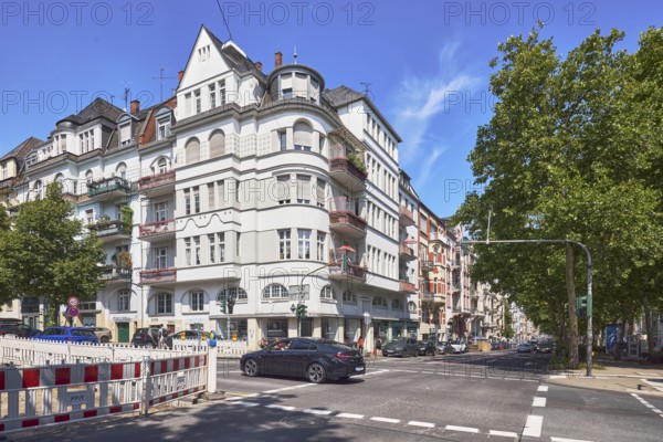 Historic residential buildings, general architecture, fenced construction site, barrier, road construction, car, trees, blue sky, cirrus clouds, Kaiser-Friedrich-Ring intersection with Bismarckring and Dotzheimer StraÃŸe, federal road B54, Wiesbaden, state capital, district-free city, Hesse, Germany