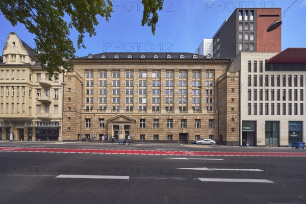 Hochschul- und Landesbibliothek RheinMain, university library, library, houses, buildings, lanes, cycle path, road markings direction arrow, branches, blue sky, cloudless, RheinstraÃŸe street, Wiesbaden, state capital, district-free city, Hesse, Germany