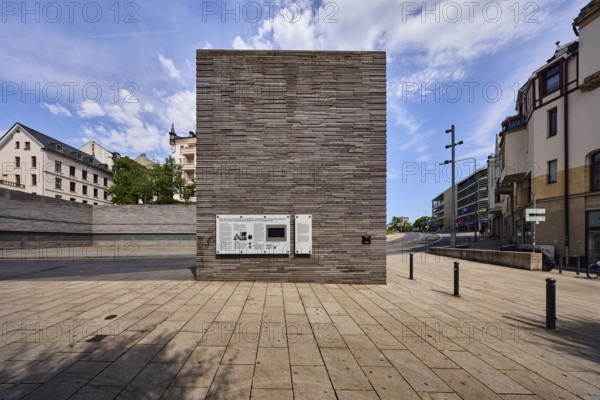 Memorial to the murdered Wiesbaden Jews, memorial, historical event, general architecture, barrier bollard, pavement made of concrete paving stones, blue sky, altocumulus clouds, cirrus clouds, CoulinstraÃŸe, Wiesbaden, state capital, district-free city, Hesse, Germany