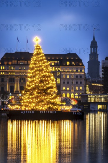The decorated and illuminated Alster fir tree on the Inner Alster with reflections on the water in December at the blue hour with the main church of St. Michaelis, Jungfernstieg, Hamburg, Germany