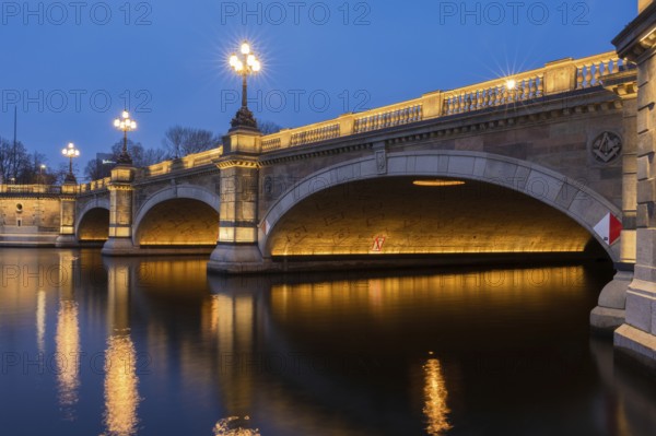 The Lombard Bridge on the Inner Alster and Outer Alster at Blue Hour with reflections in the water, Hamburg, Germany