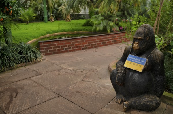 Figure, replica of a gorilla, with sign EMERGENCY AID FOR ZOOS IN UKRAINE, greenhouse, Wilhelma, zoological-botanical garden, Stuttgart, Baden-WÃ¼rttemberg, Germany