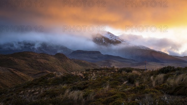 Volcanic landscape, Tama Lake Walk (Tama Lakes Track), Mt Ruapehu in clouds, evening light, sunset. Tongariro National Park, North Island, New Zealand