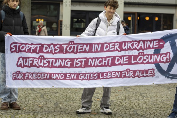 Demonstration against compulsory military service in Ludwigshafen am Rhein***Picture: Flag with the inscription STOP KILLING IN UKRAINE