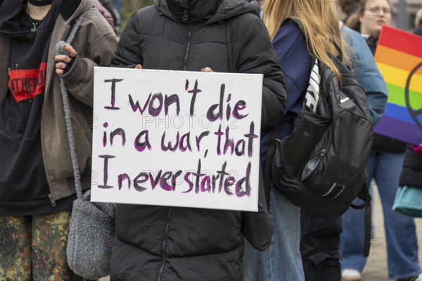 Demonstration against compulsory military service in Ludwigshafen am Rhein***Picture: Sign with the inscription I WON'T DIE IN A WAR