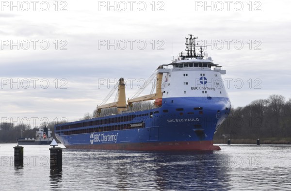 The new cargo ship, cargo ship, BBC SAO PAULO sails through the Kiel Canal, NOK, Kiel Canal, Schleswig-Holstein, Germany