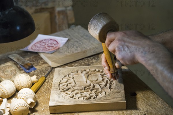 Craftsmanship in a workshop where wood is carved and hand tools are visible, Old Town, Sharambeyan Street, Dilijan, Delijan, Delijan, Tavush Province, Armenia