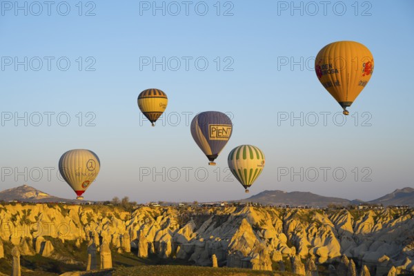 Different colored balloons float over a rocky landscape in golden light, hot air balloons, Göreme National Park, Göreme Tarihî Millî Park, Nevsehir Province, Nevsehir, Cappadocia, Capadocia, Central Anatolia, Turkey