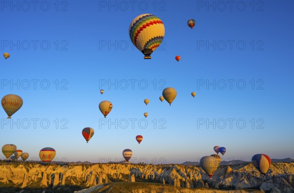 Hot air balloons float over rocks in a vast landscape in morning light, Göreme National Park, Göreme Tarihî Millî ParkÄ±, Nevsehir Province, Nevsehir, Cappadocia, Capadocia, Central Anatolia, Turkey