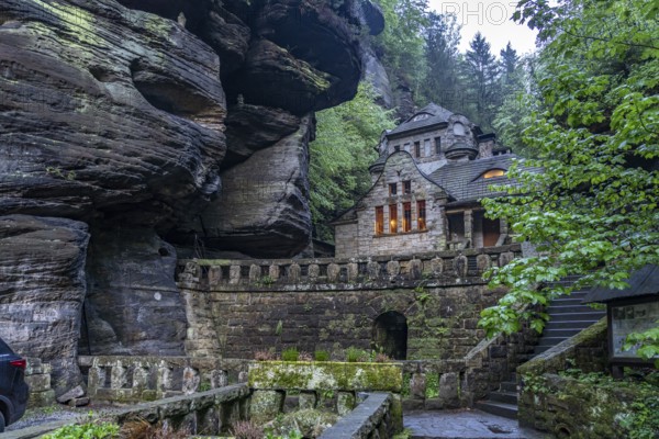 Pension and restaurant The old gas plant at dusk, HÅ™ensko, Czech Republic