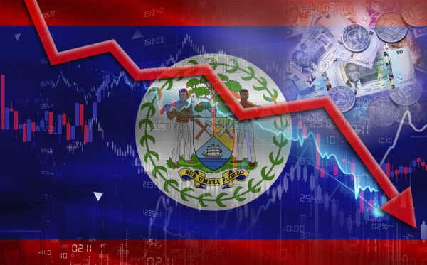Belize financial fall on economy market. Belizean financial crisis on economic graph