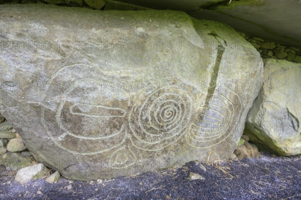 Decorated wall stone at the Knowth megalithic complex, Mellifont, County Meath, Ireland