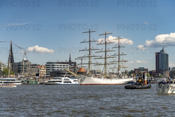 Incoming parade of ships and sailboats at Hafengeburtstag Hamburg 2025 in the Hanseatic City of Hamburg, Germany