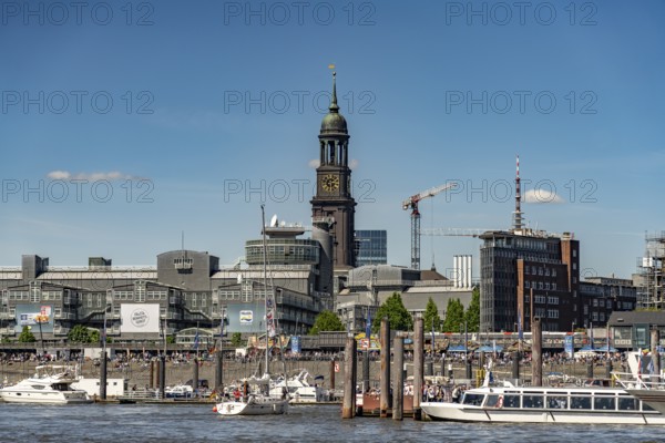 Elbe promenade and main church of St. Michaelis in the Free Hanseatic City of Hamburg, Germany