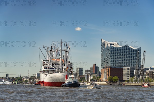 Museum ship Cap San Diego and the Elbe Philharmonic Hall, arrival parade of ships and sailboats at Hafengeburtstag Hamburg 2025 in the Free Hanseatic City of Hamburg, Germany