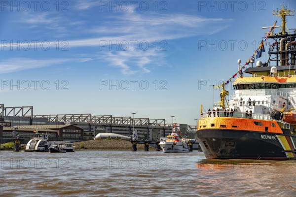 Coast Guard multipurpose vessel Neuwerk on the Elbe in front of Airbus in the Free Hanseatic City of Hamburg, Germany