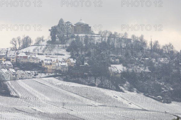 Burial chapel in WÃ¼rttemberg. Snowy vineyards in the Stuttgart region in winter. Winter view of the vineyards in Fellbach, Kappelberg, Germany