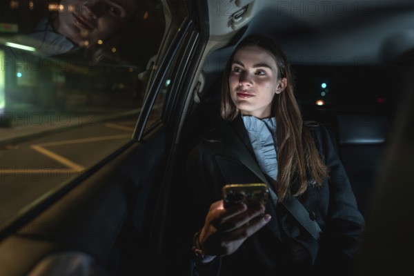 Woman travelling in the back seat of a car at night, holding a smartphone and looking out the window with city lights reflecting on the glass, representing urban transportation services