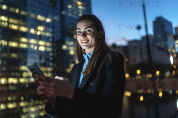 Young woman texting on a smartphone, sharing a happy smile while standing on a city street at night with blurry building lights reflecting in the water behind her