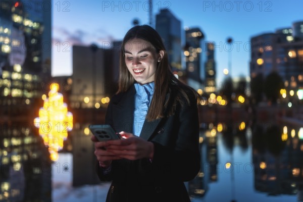Young professional woman smiling happily while interacting with her mobile phone against a blurred city background with bokeh lights and reflections in the evening