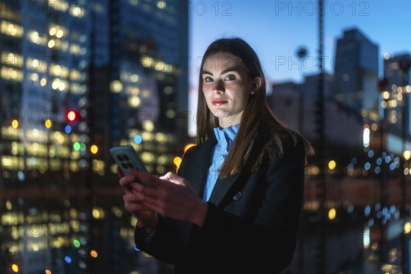 Young businesswoman looking at camera while holding a mobile phone in her hands and texting, standing in an urban environment with illuminated buildings at dusk
