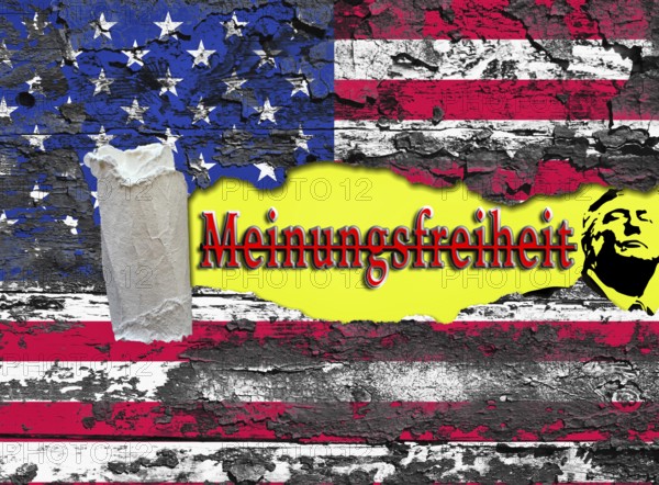 Symbolic image, freedom of speech according to Trump's liking, autocracy, dismantling of the rule of law, US democracy in danger, EU and Germany under political pressure, industry, Donald Trump, tariff threats, Elon Musk, Mark Zuckerberg, social networks, fake news, rights broken, hate, DSG Digital Services Act, reelection, USA, politics, announcements, revenge campaign, wanted dictator, republican, electoral system USA, global threat, lies, 2nd term, global burden, Ukrainian war, White House storm
