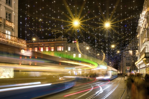 Trams of light on Zurich's Paradeplatz, Lucy Christmas Lights, ZÃ¼rich, Canton of Zurich, Switzerland