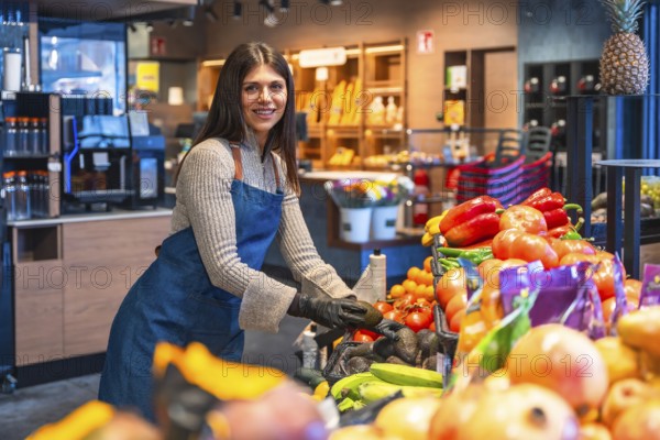 Woman in apron and gloves arranging fresh avocados on a supermarket produce display, smiling while organizing fruits and vegetables in a modern grocery store setting