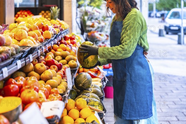 Female salesperson wearing a denim apron and gloves, arranging cantaloupe melons on a colorful outdoor fruit stand at a local market, showcasing healthy natural produce for customers