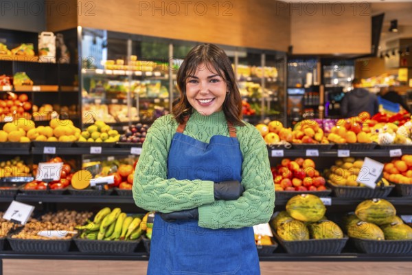 Smiling young greengrocer in blue apron and green sweater stands confidently with arms crossed amid abundant colorful fruits and vegetables in a supermarket produce aisle