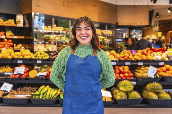 Woman wearing apron and green sweater standing with a friendly smile in a modern fruit and vegetable grocery store, representing local business and healthy eating