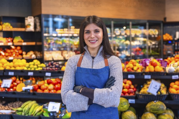 Young woman working in a fruit and vegetable section of a grocery store, wearing an apron and gloves, standing with arms crossed and smiling at the camera, promoting fresh produce