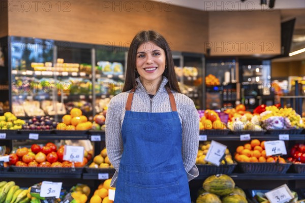 Woman wearing apron standing in a grocery store aisle, smiling at the camera, surrounded by fresh produce and fruits, representing retail business and customer service