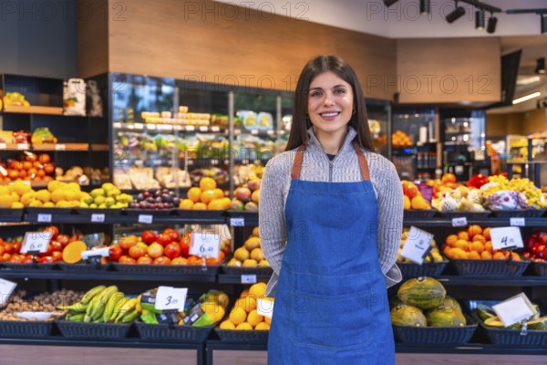 Greengrocer woman smiling and looking at the camera while standing proudly in a supermarket, surrounded by fresh fruits and vegetables, representing small business ownership and customer service