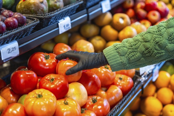 Person's hand wearing a black disposable glove picking ripe tomatoes from a display bin, promoting hygiene and health precautions while grocery shopping for fresh produce