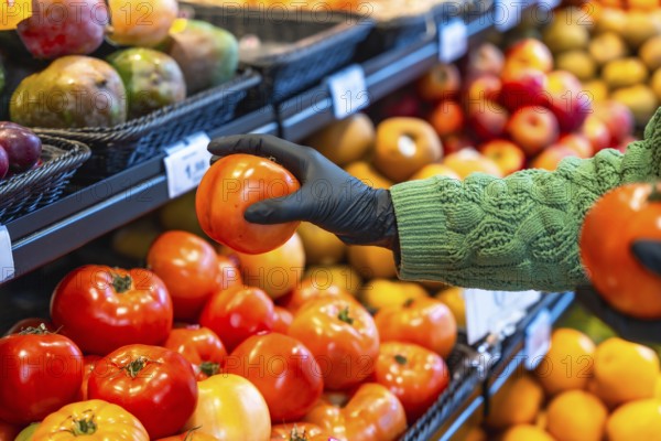 Person wearing a protective rubber glove selecting a ripe tomato from a produce display at a grocery store, representing safety during shopping and healthy eating